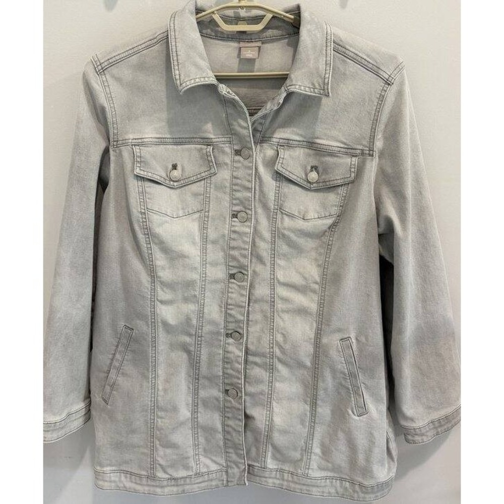 Chicos Light Gray Denim Chore Coat Jacket Long Button Front Stretch Size 3 16 18